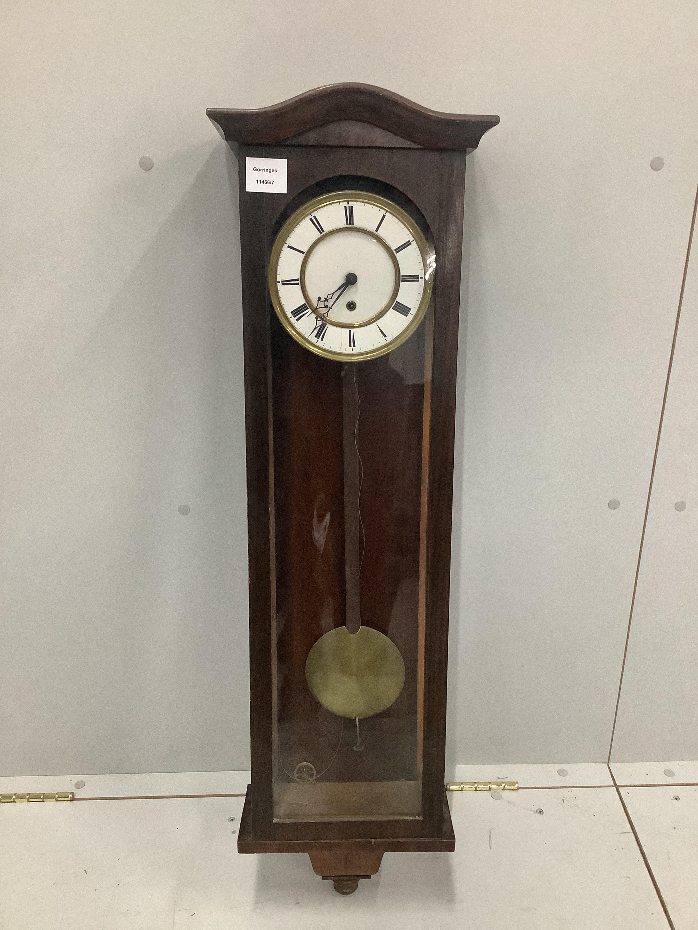 A late 19th century simulated rosewood cased Vienna regulator wall clock, height 98cm
